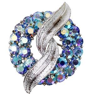 VTG Coro Mid Century Blue AB Rhinestone Wreath Brooch Silver Tone FAIR Condition